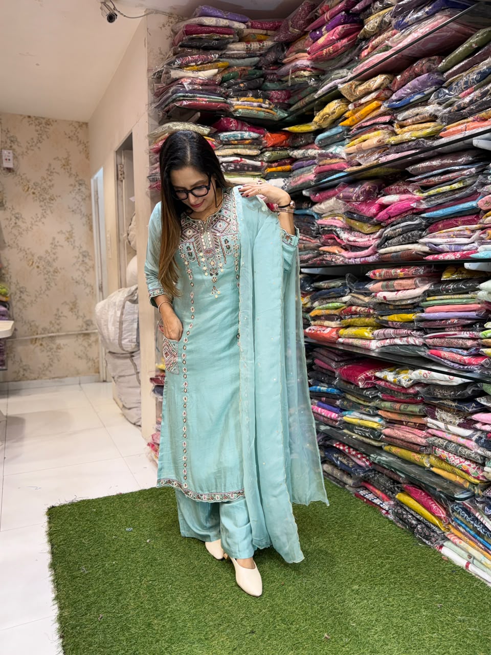 Pure Dola Silk Aqua Green 3pc Set