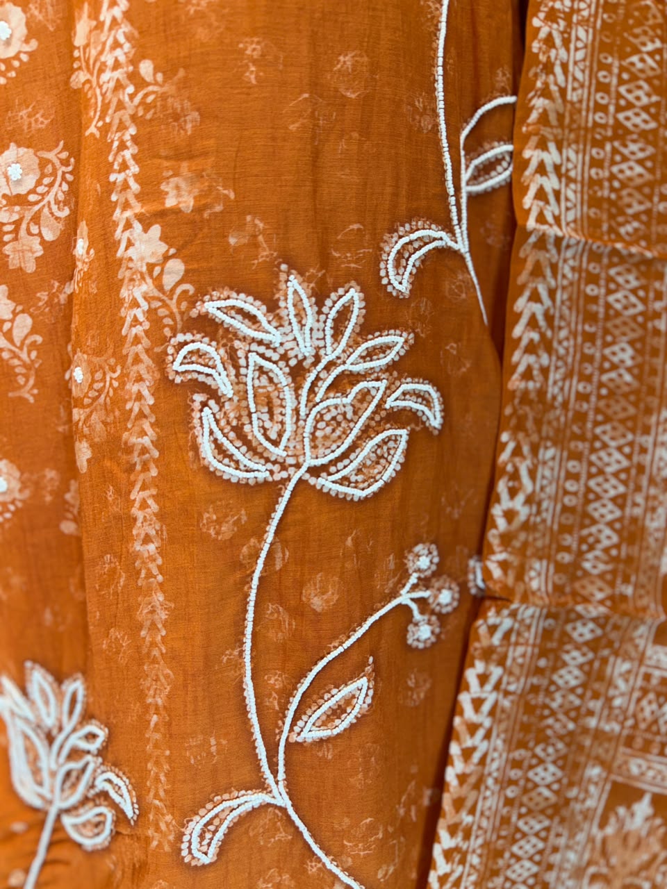 Pure Banaras Mull Chanderi Rust Orange 3pc Set