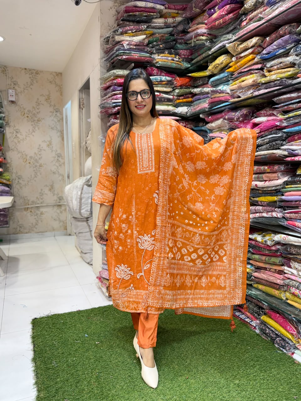 Pure Banaras Mull Chanderi Rust Orange 3pc Set