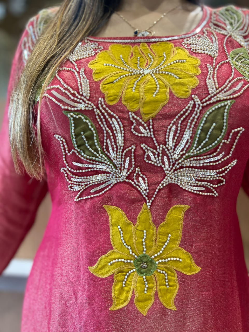 Pure Simmer Tissue Hand Applique Work Gajri color