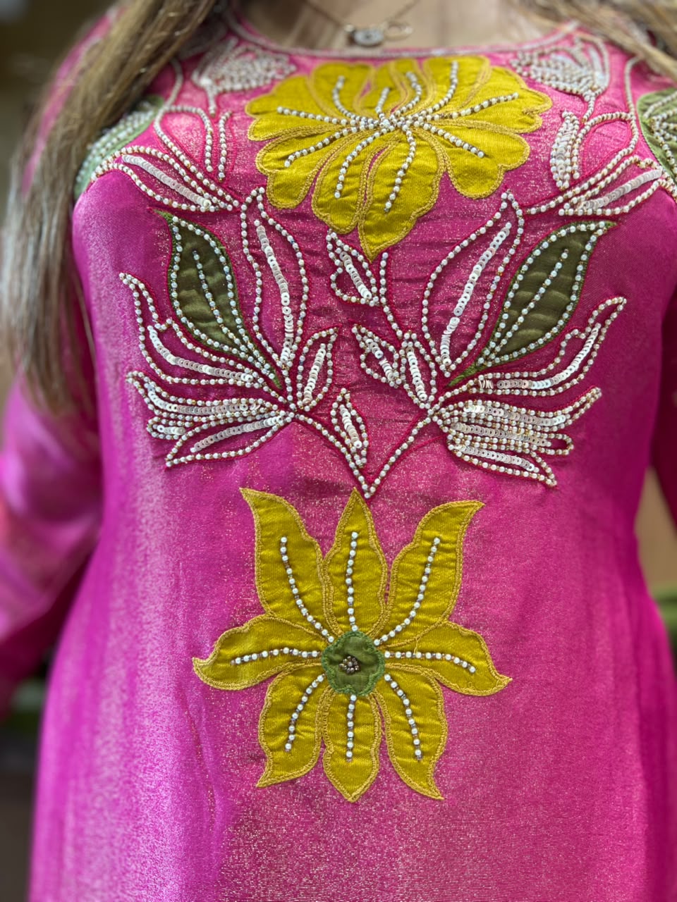 Pure Simmer Tissue Hand Applique Work Rani pink color
