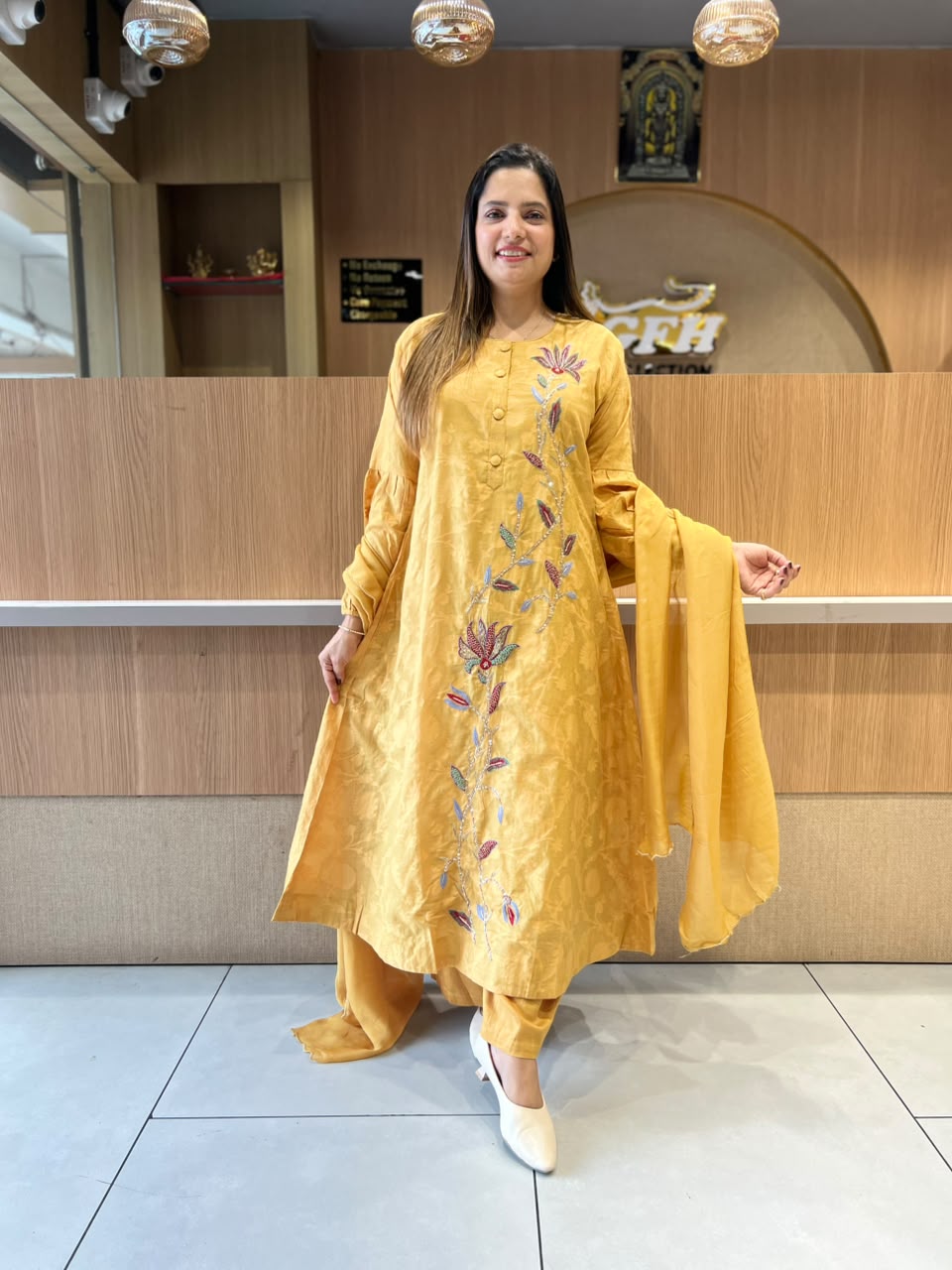 Pure Banarasi Mull Chanderi A-line Mustard Yellow Color