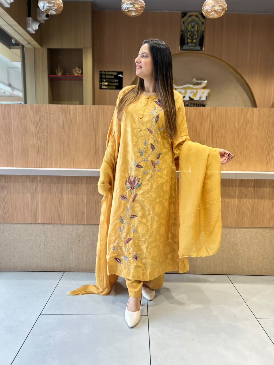 Pure Banarasi Mull Chanderi A-line Mustard Yellow Color