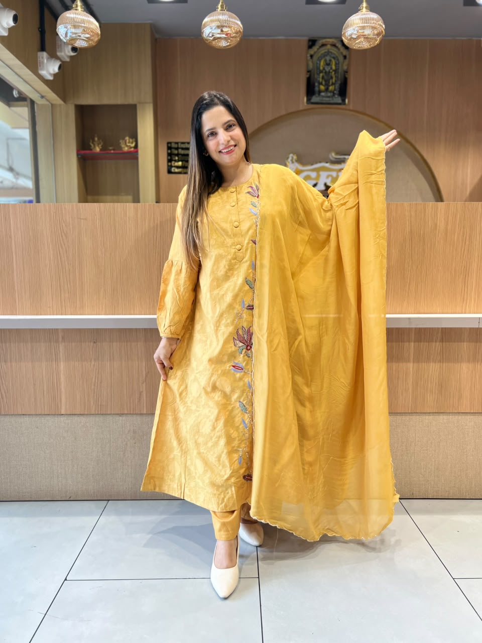 Pure Banarasi Mull Chanderi A-line Mustard Yellow Color