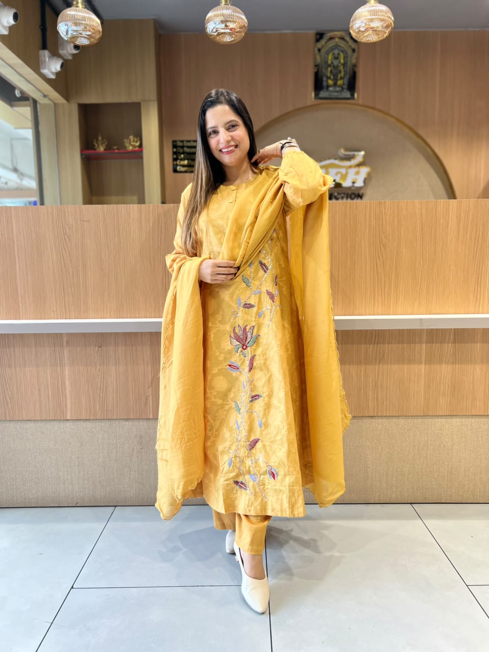 Pure Banarasi Mull Chanderi A-line Mustard Yellow Color