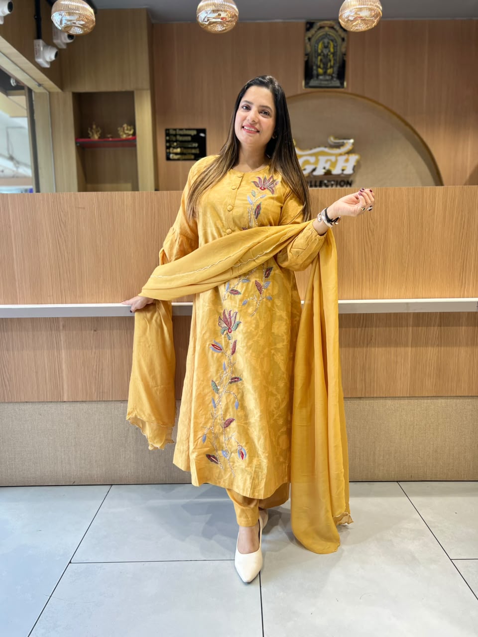 Pure Banarasi Mull Chanderi A-line Mustard Yellow Color