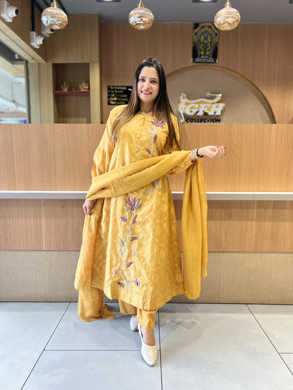 Pure Banarasi Mull Chanderi A-line Mustard Yellow Color