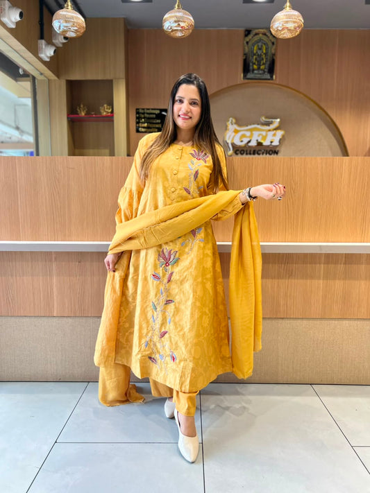 Pure Banarasi Mull Chanderi A-line Mustard Yellow Color