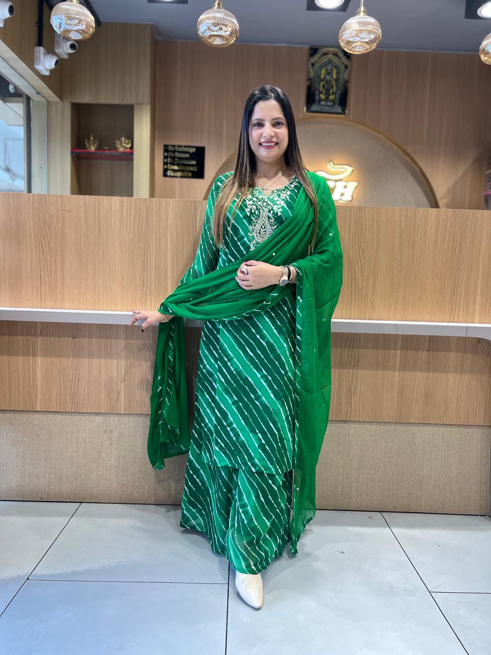 Pure Georgette Lehariya 3 Pc set (Green Color)