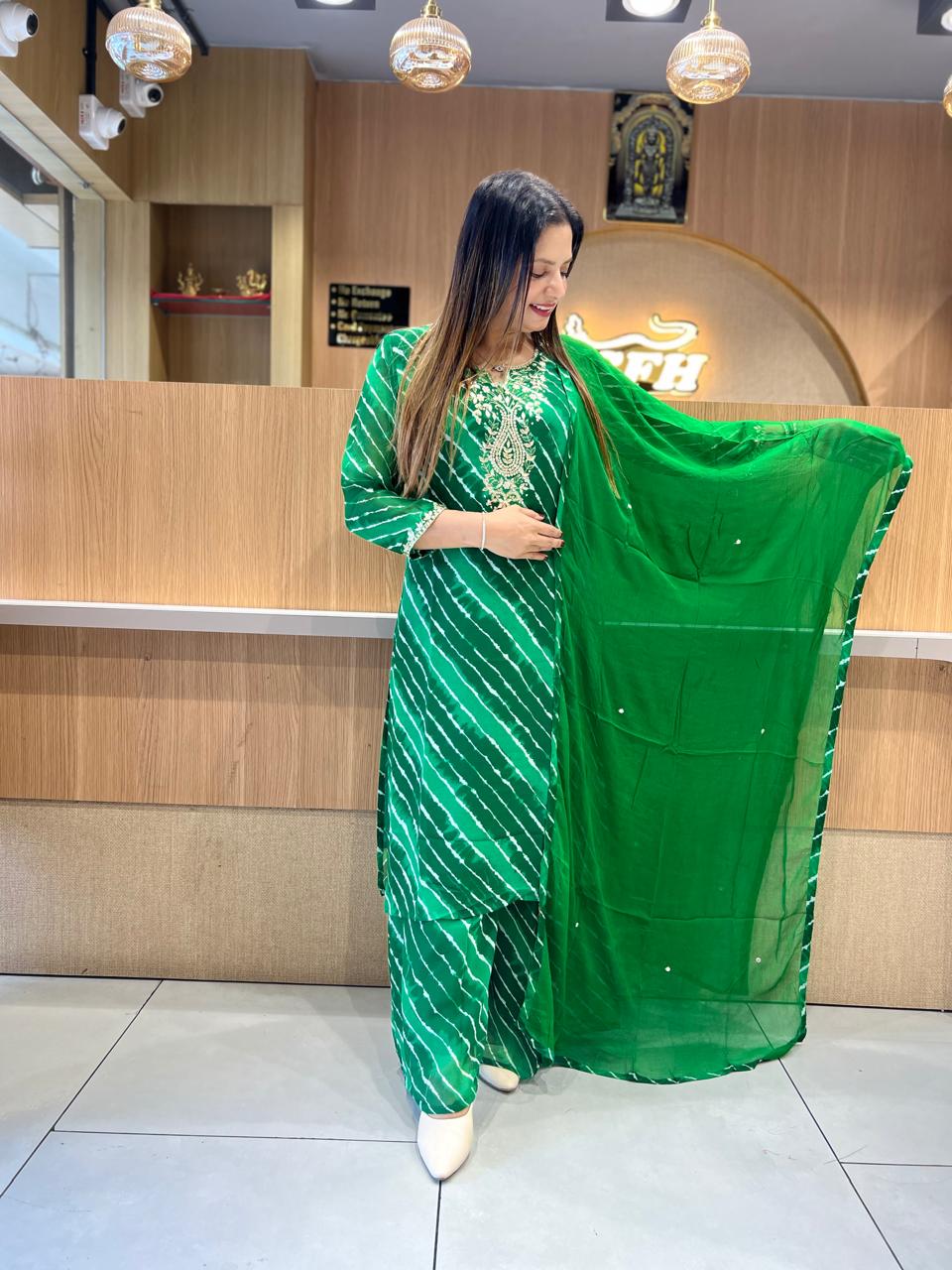 Pure Georgette Lehariya 3 Pc set (Green Color)