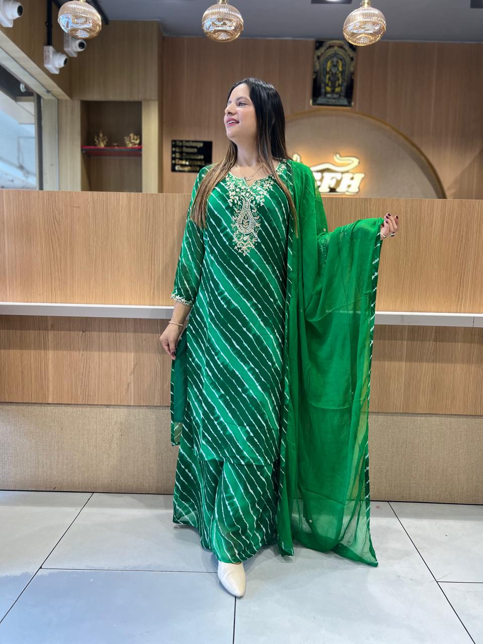 Pure Georgette Lehariya 3 Pc set (Green Color)