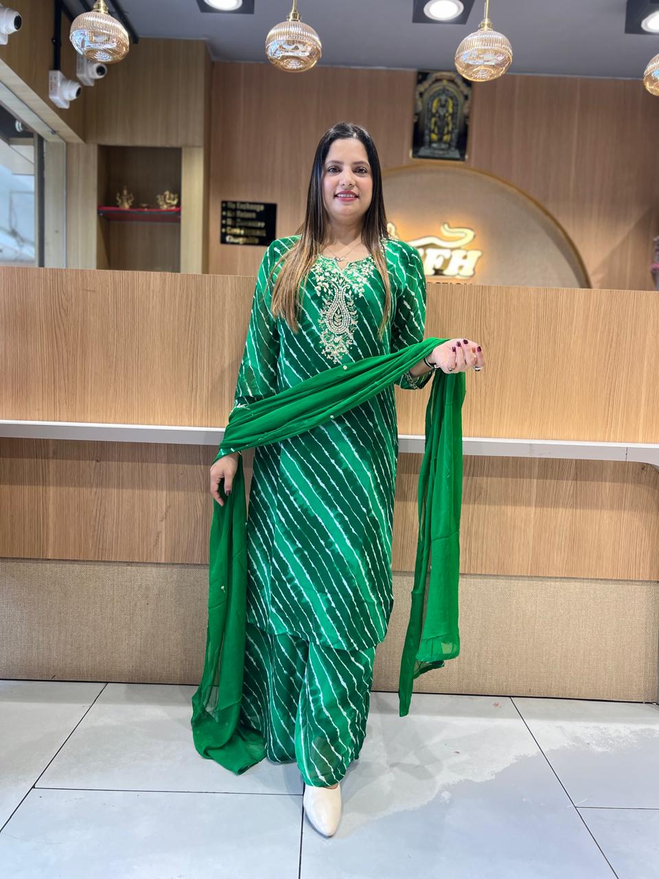 Pure Georgette Lehariya 3 Pc set (Green Color)