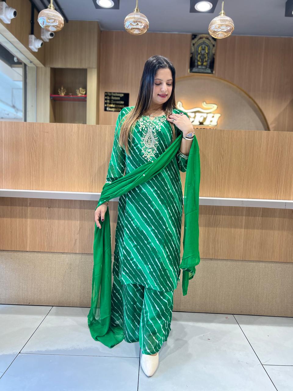 Pure Georgette Lehariya 3 Pc set (Green Color)