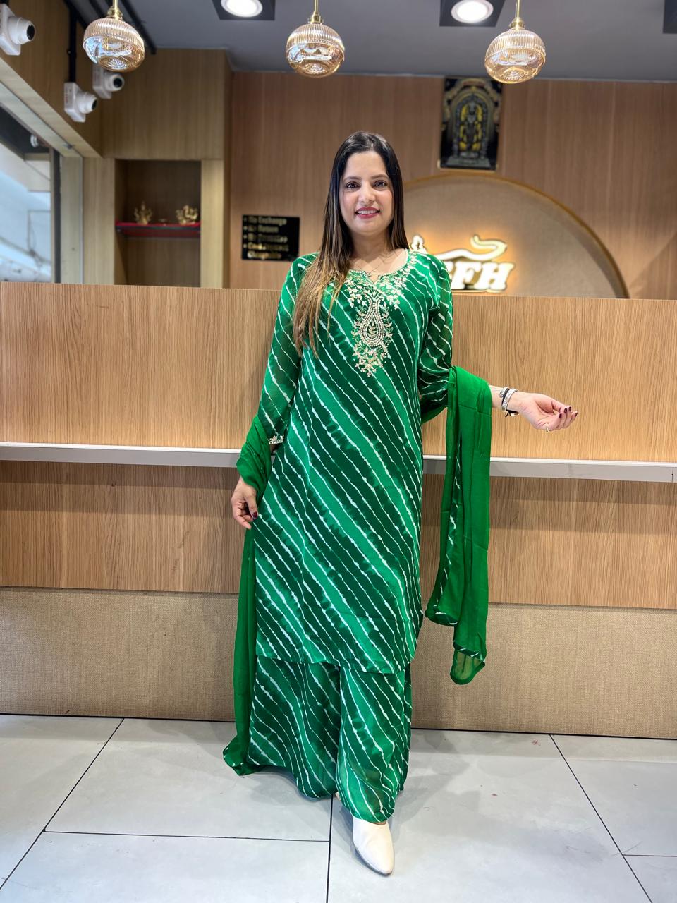 Pure Georgette Lehariya 3 Pc set (Green Color)