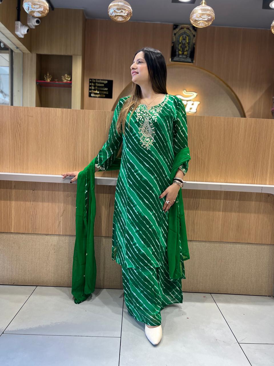 Pure Georgette Lehariya 3 Pc set (Green Color)