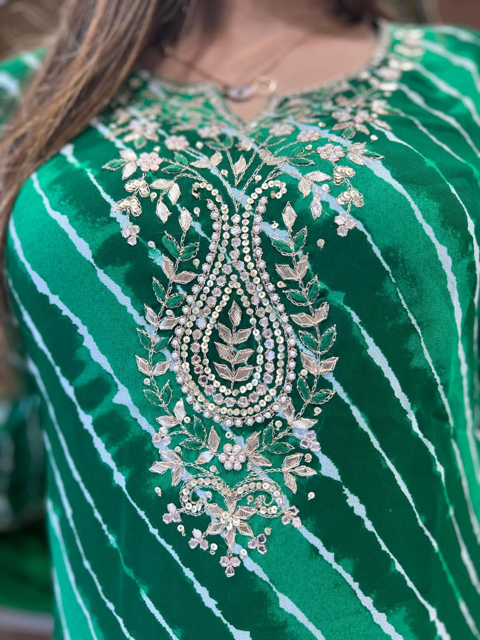 Pure Georgette Lehariya 3 Pc set (Green Color)