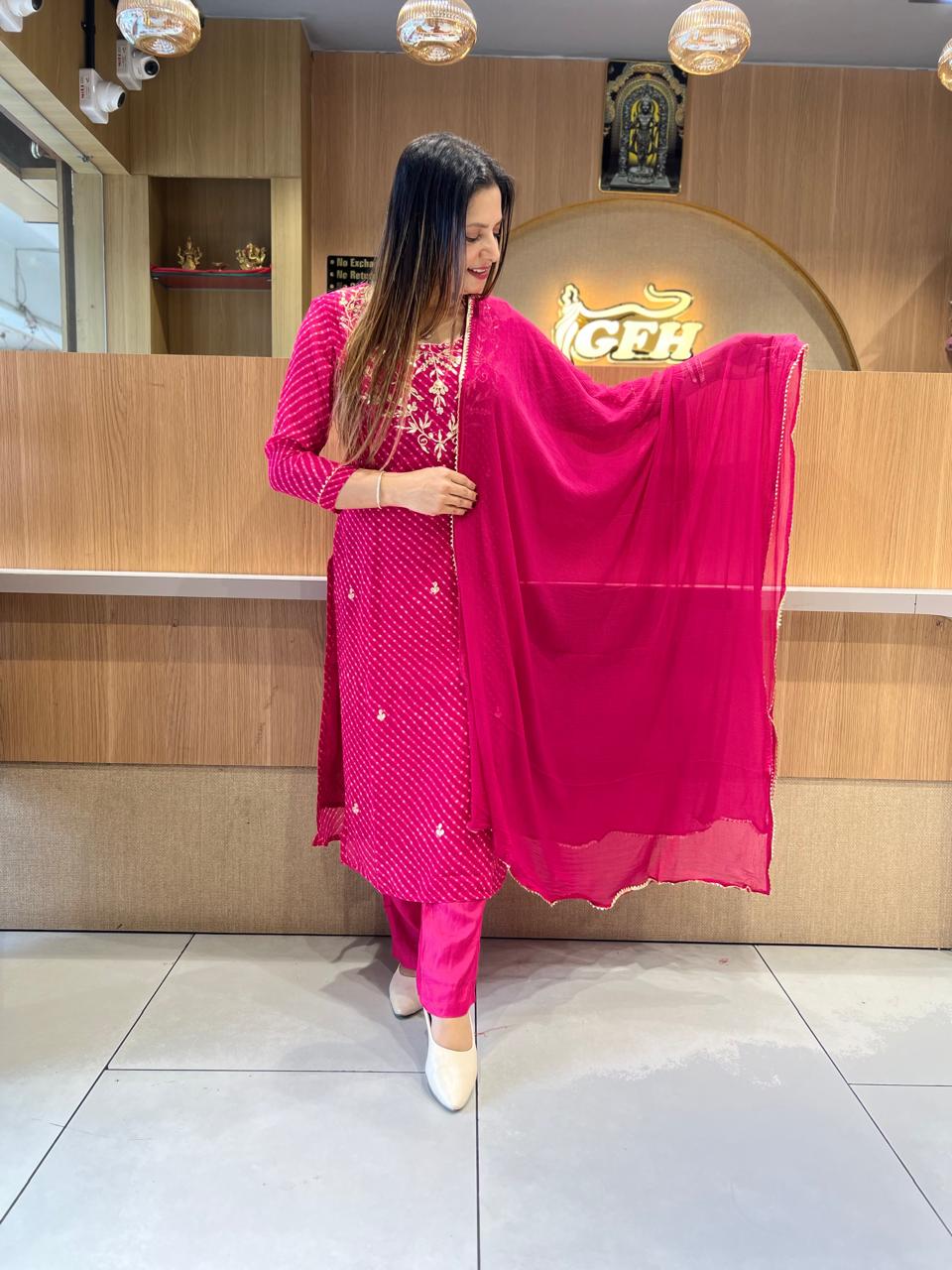 Pure Georgette Lehariya 3 Pc set (Pink Color)