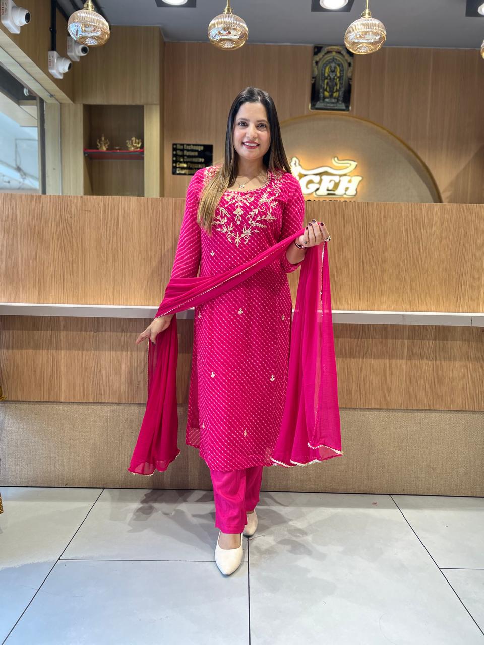 Pure Georgette Lehariya 3 Pc set (Pink Color)