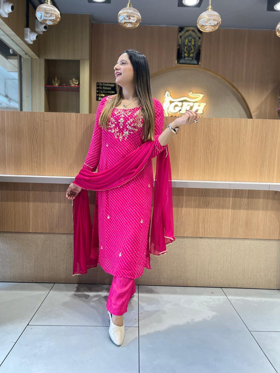 Pure Georgette Lehariya 3 Pc set (Pink Color)