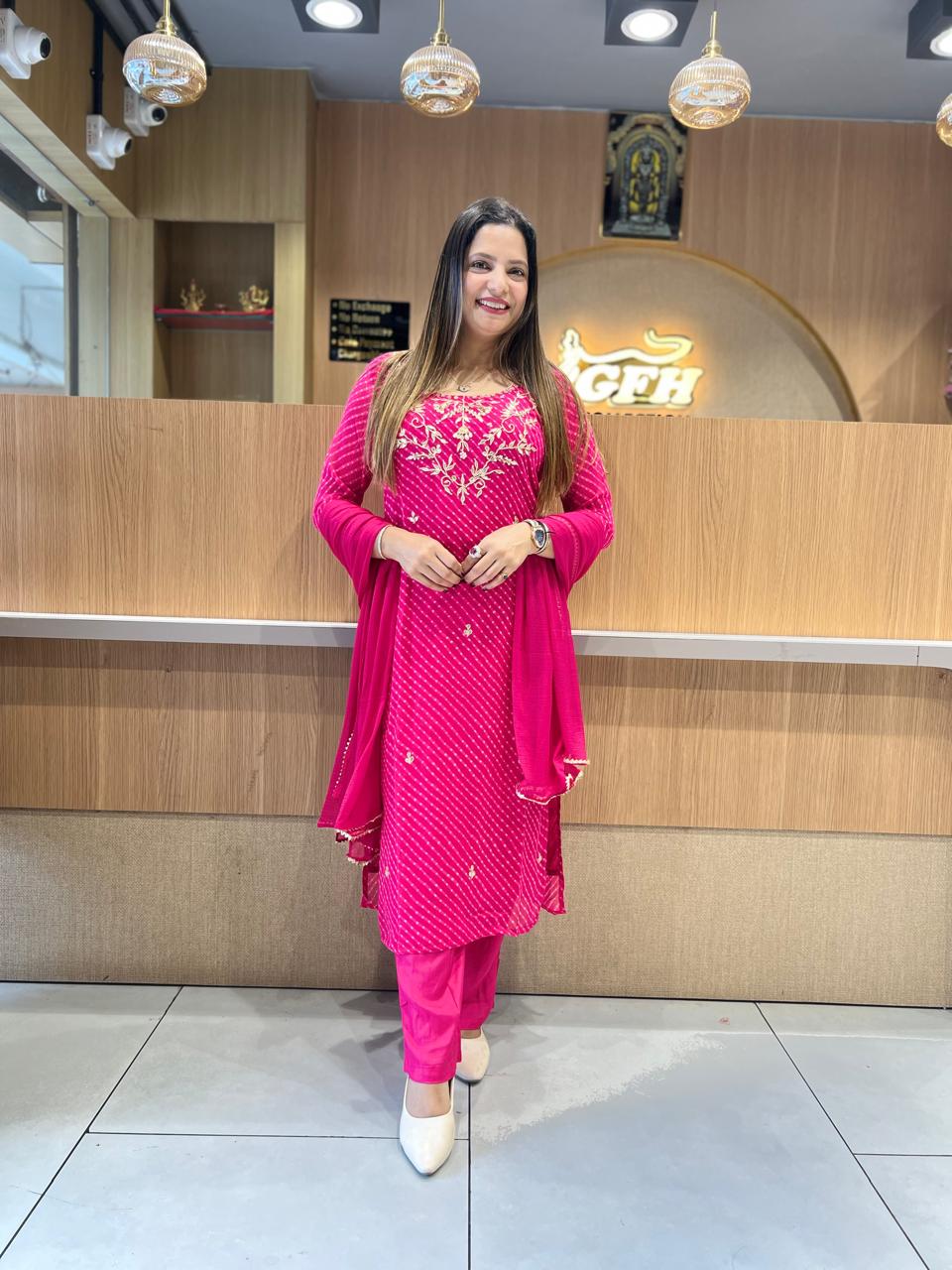 Pure Georgette Lehariya 3 Pc set (Pink Color)