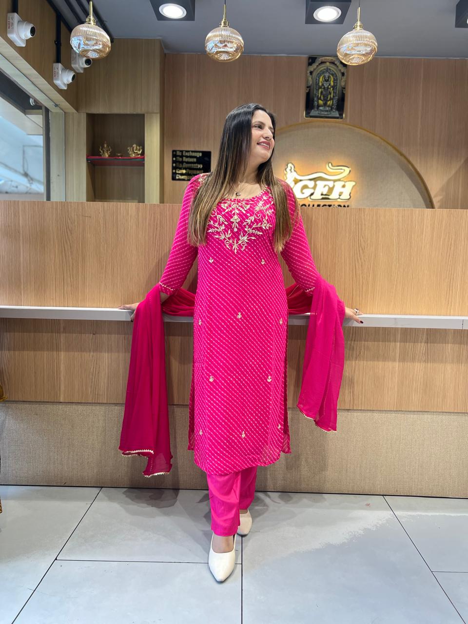 Pure Georgette Lehariya 3 Pc set (Pink Color)