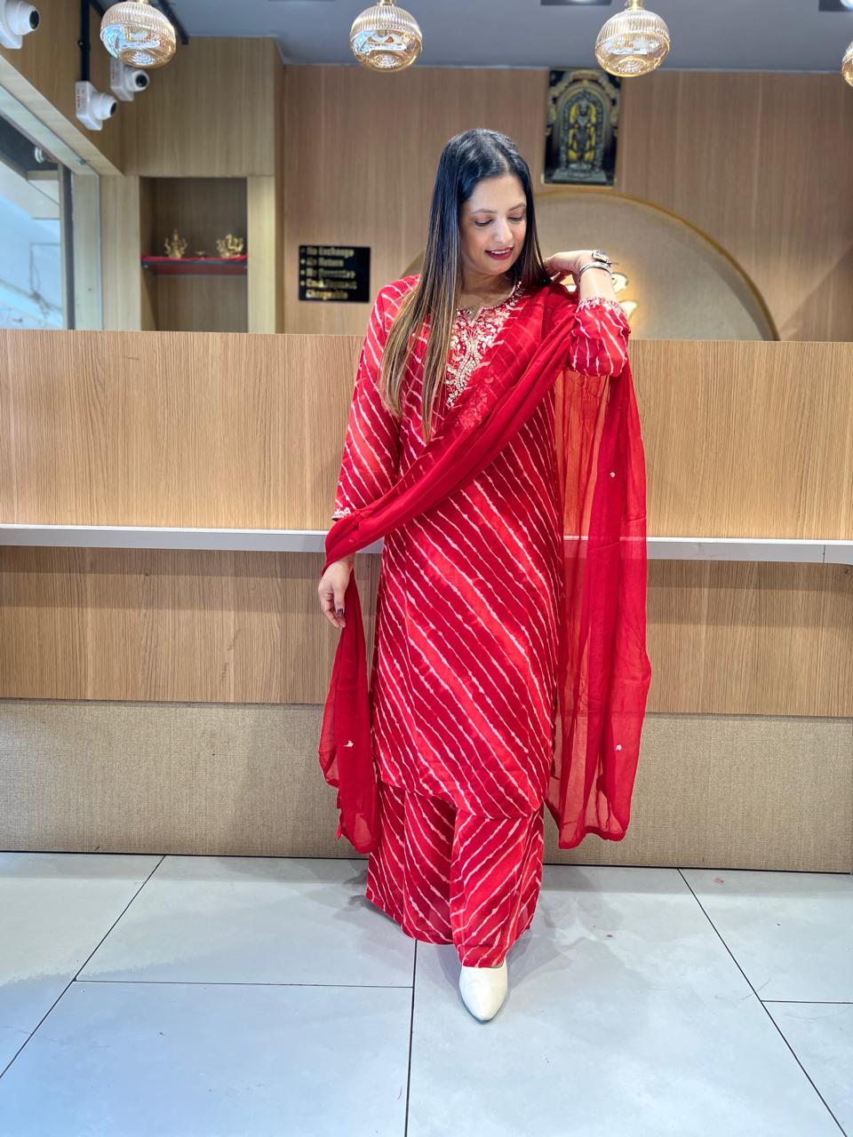 Pure Georgette Lehariya 3 Pc set (Red Color)