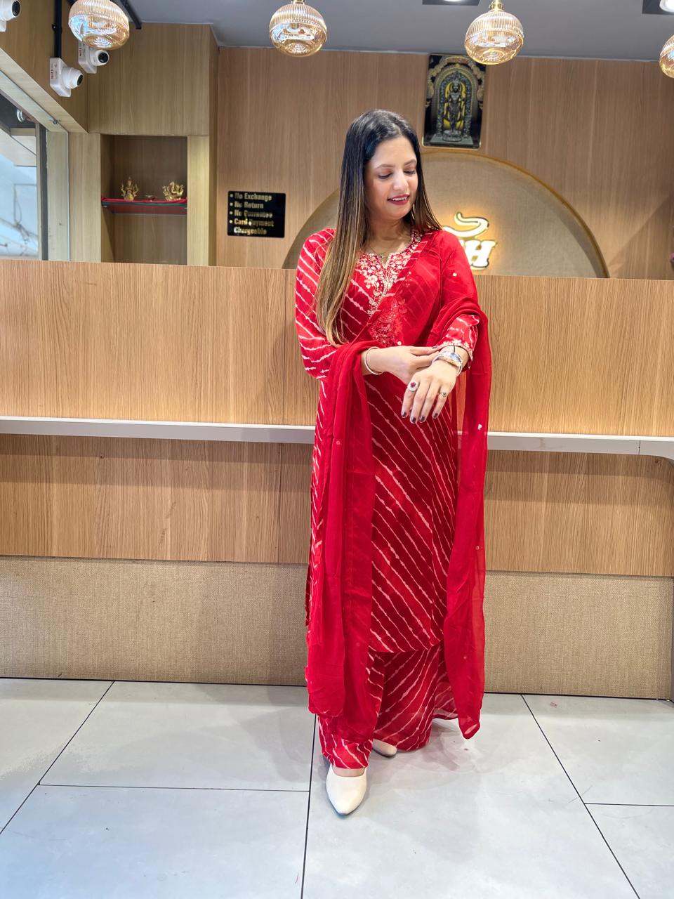 Pure Georgette Lehariya 3 Pc set (Red Color)