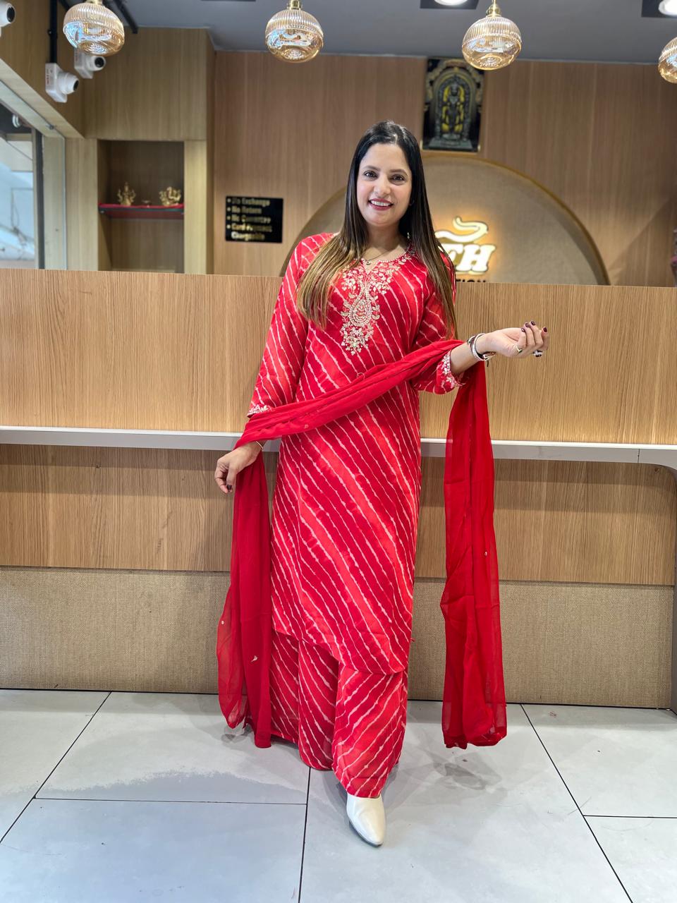 Pure Georgette Lehariya 3 Pc set (Red Color)