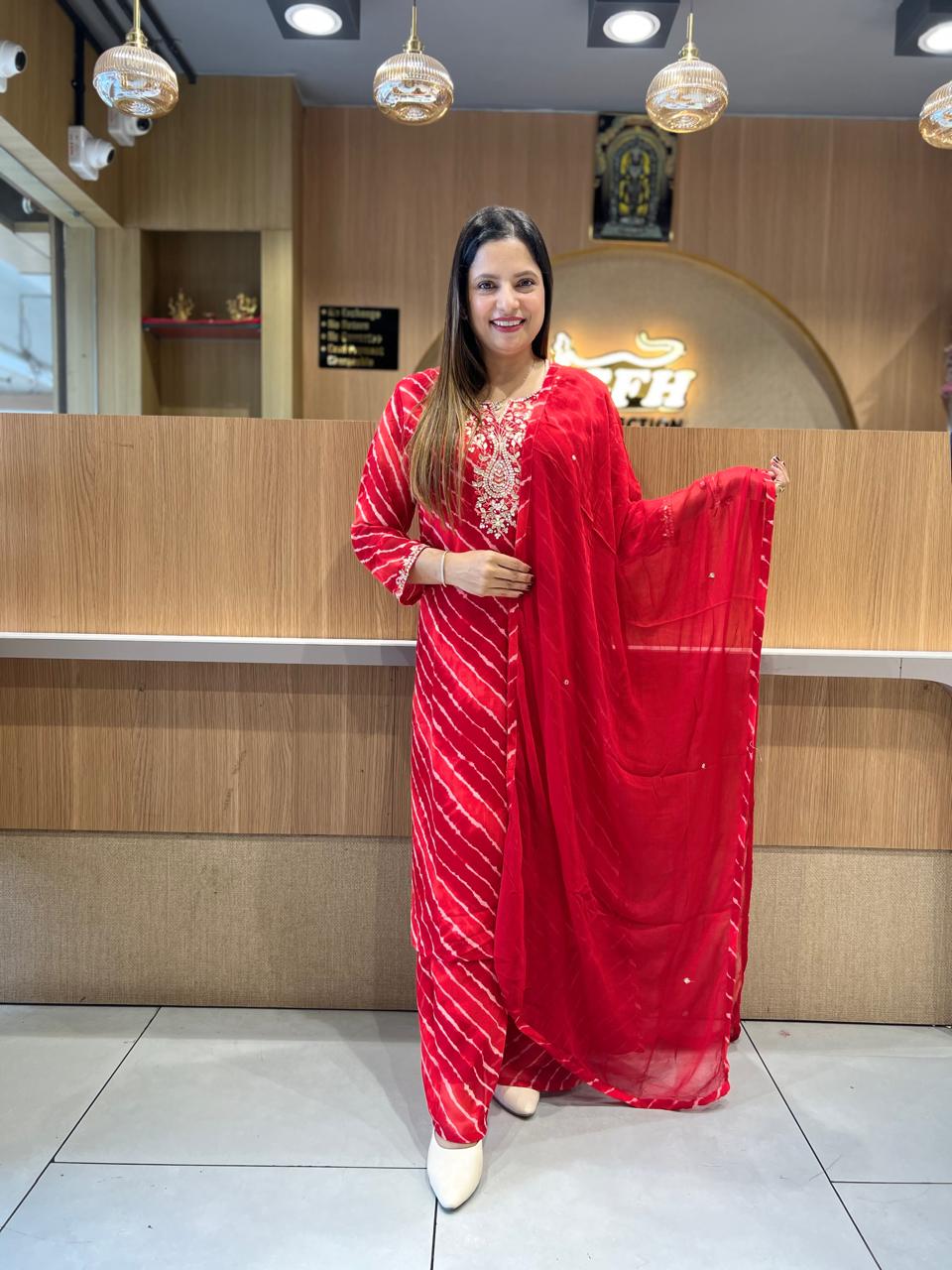 Pure Georgette Lehariya 3 Pc set (Red Color)