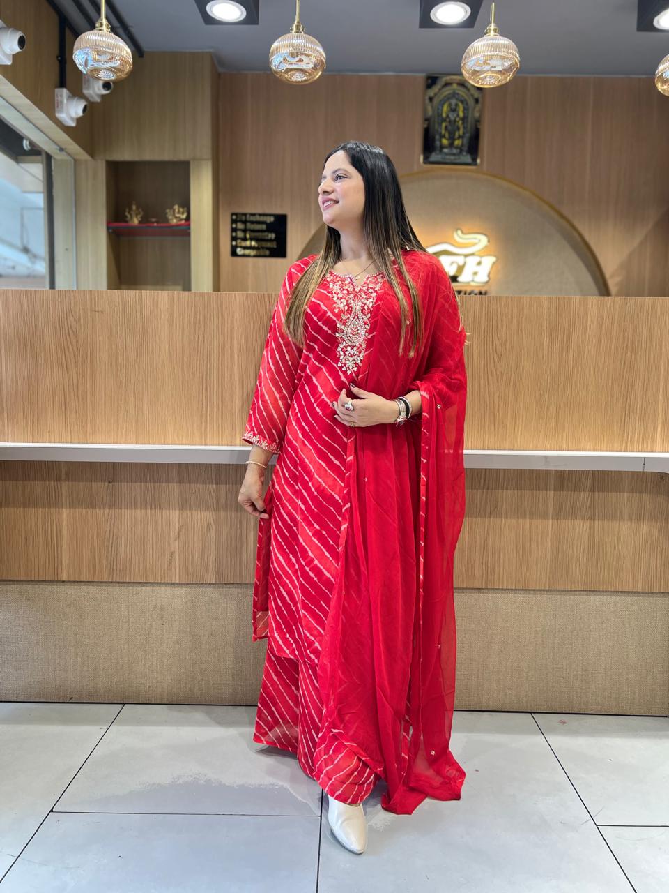 Pure Georgette Lehariya 3 Pc set (Red Color)
