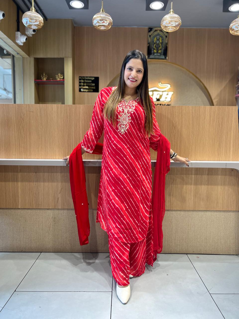 Pure Georgette Lehariya 3 Pc set (Red Color)