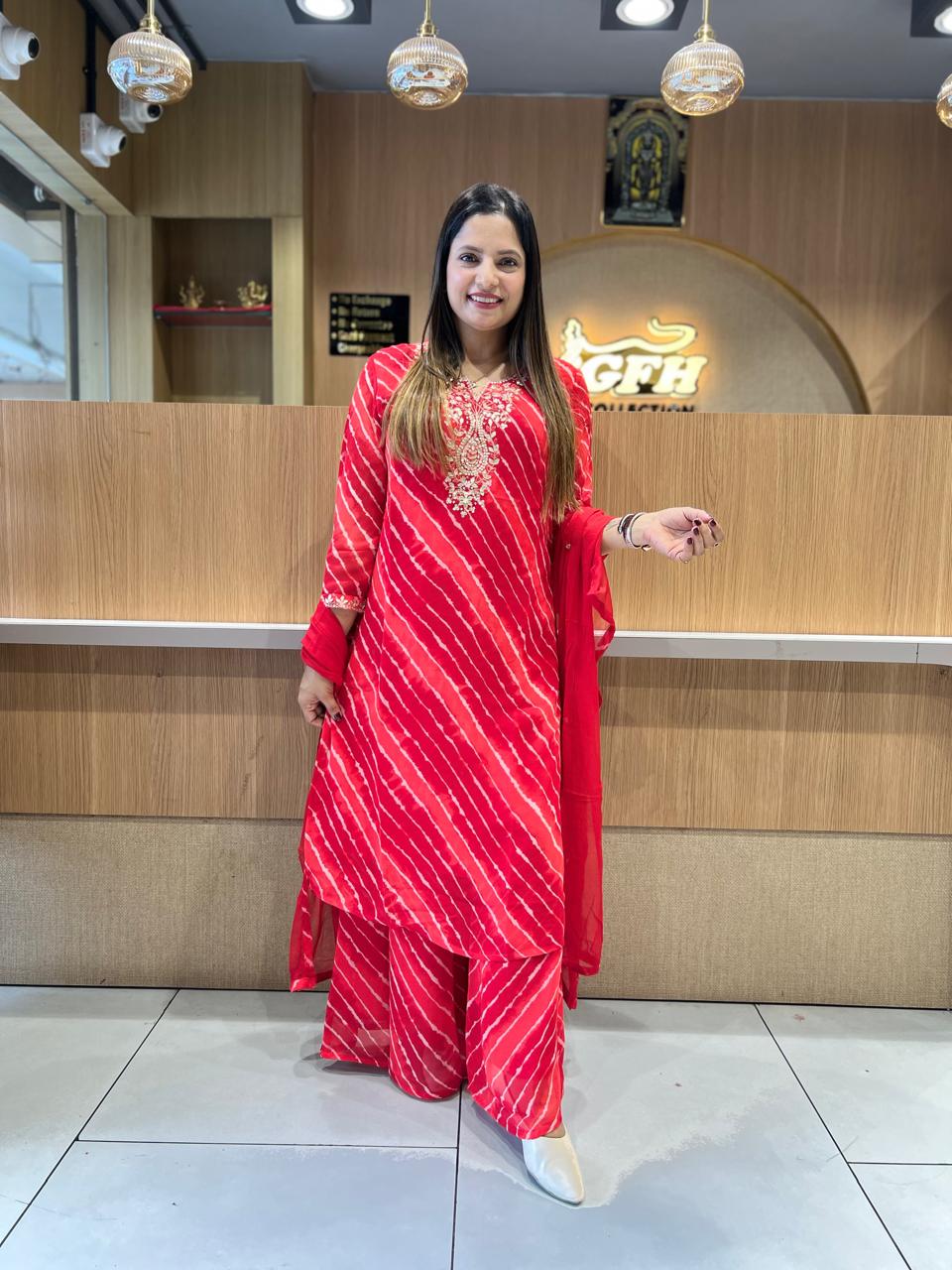 Pure Georgette Lehariya 3 Pc set (Red Color)