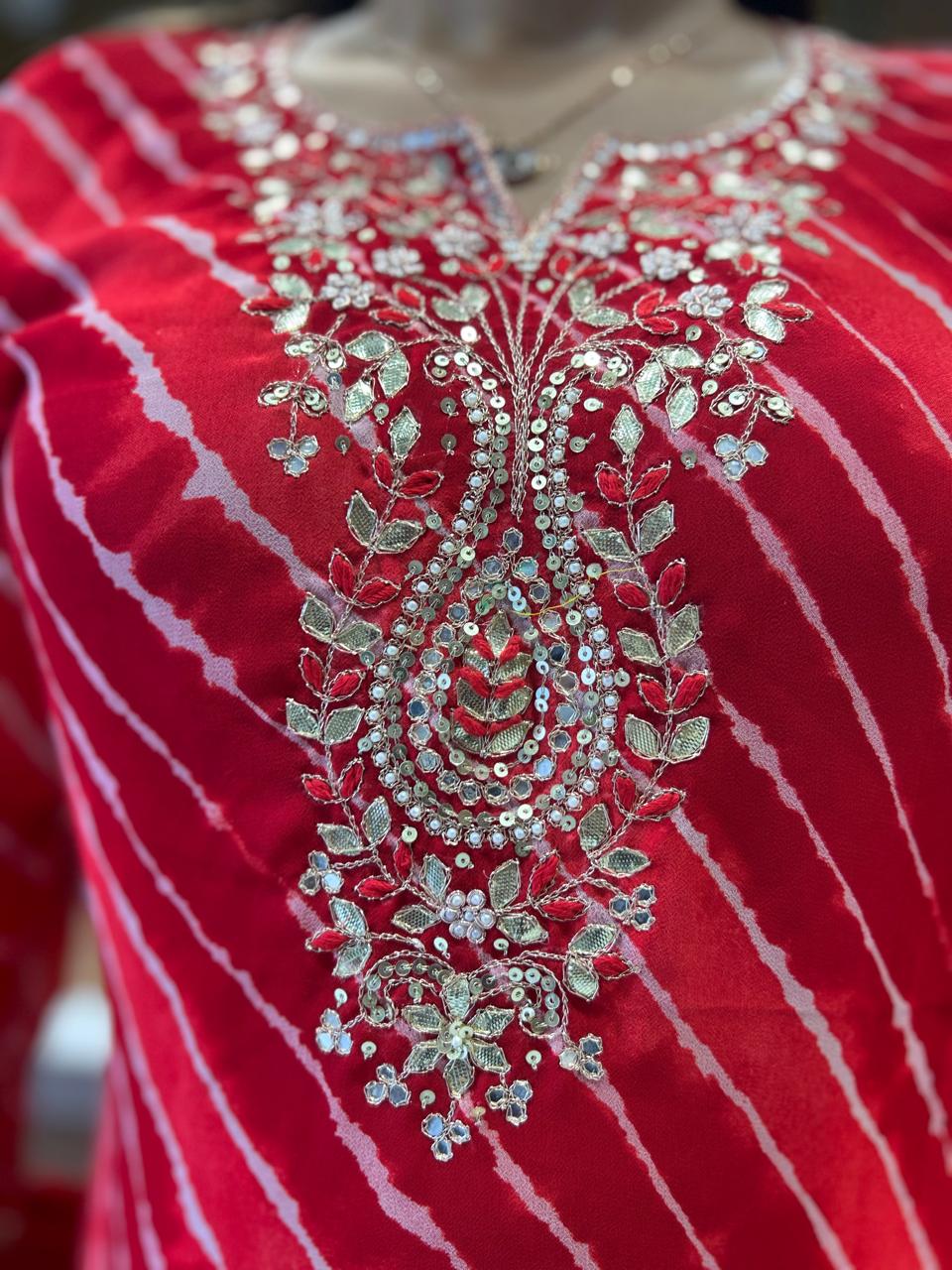 Pure Georgette Lehariya 3 Pc set (Red Color)