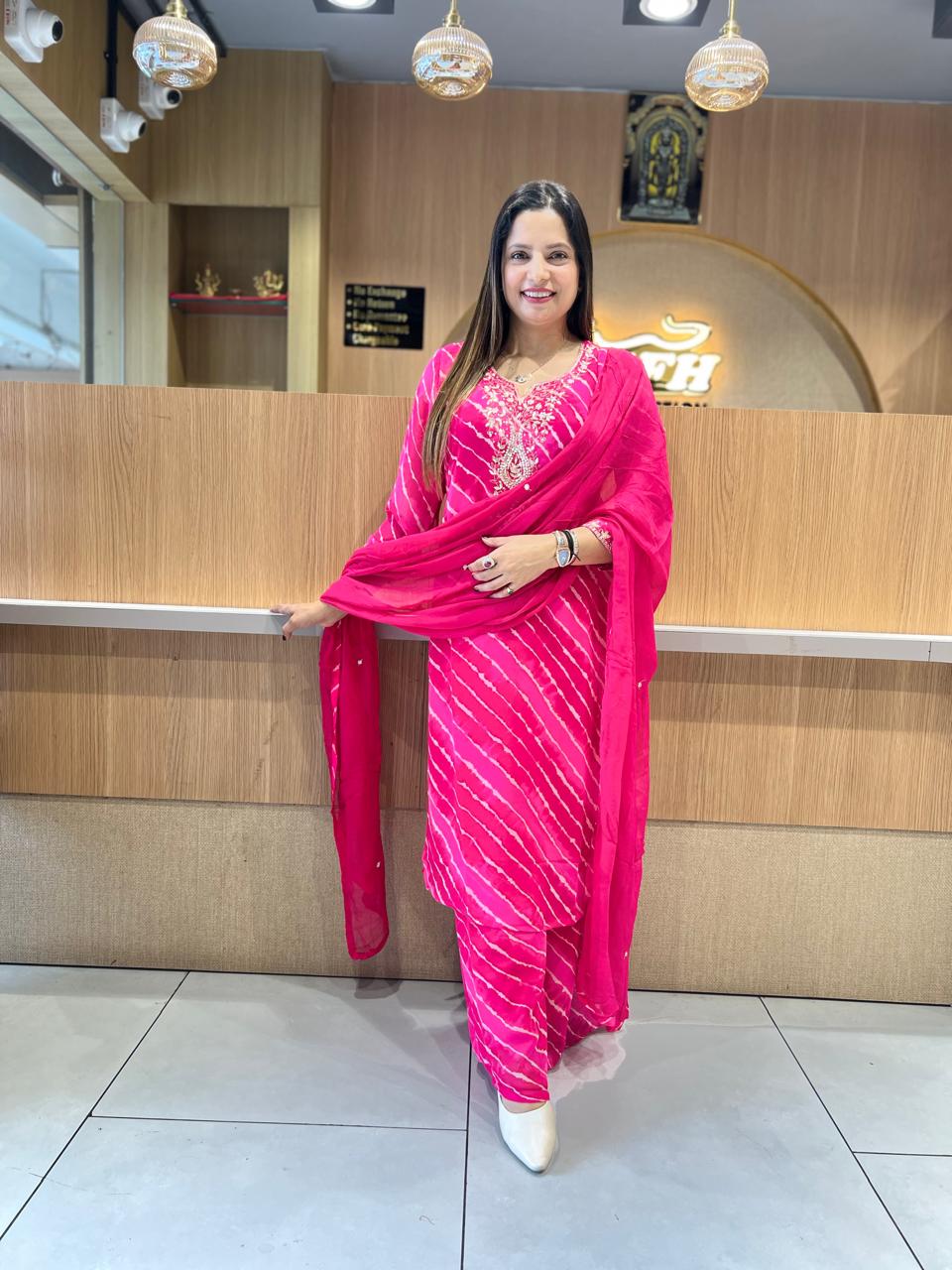 Pure Georgette Lehariya 3 Pc set (Pink Color)