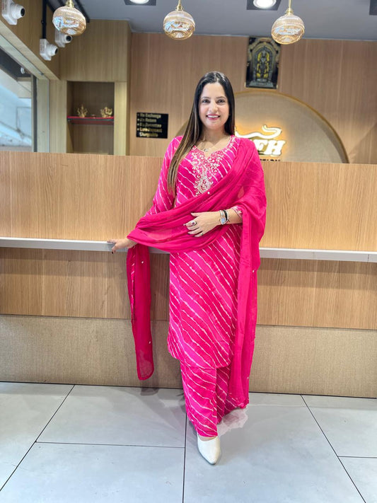 Pure Georgette Lehariya 3 Pc set (Pink Color)