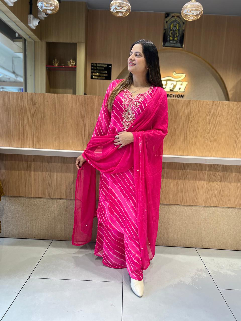 Pure Georgette Lehariya 3 Pc set (Pink Color)