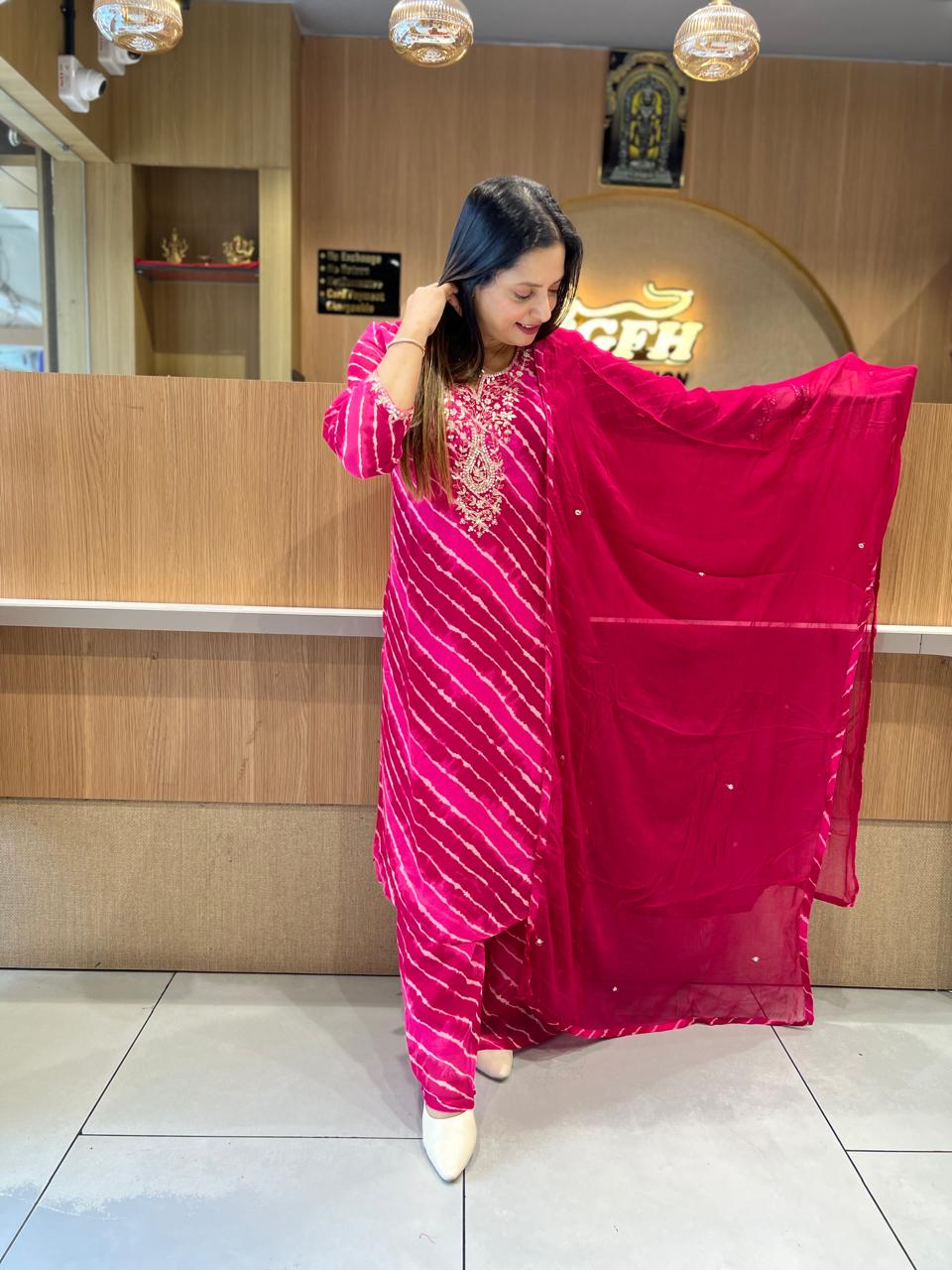 Pure Georgette Lehariya 3 Pc set (Pink Color)