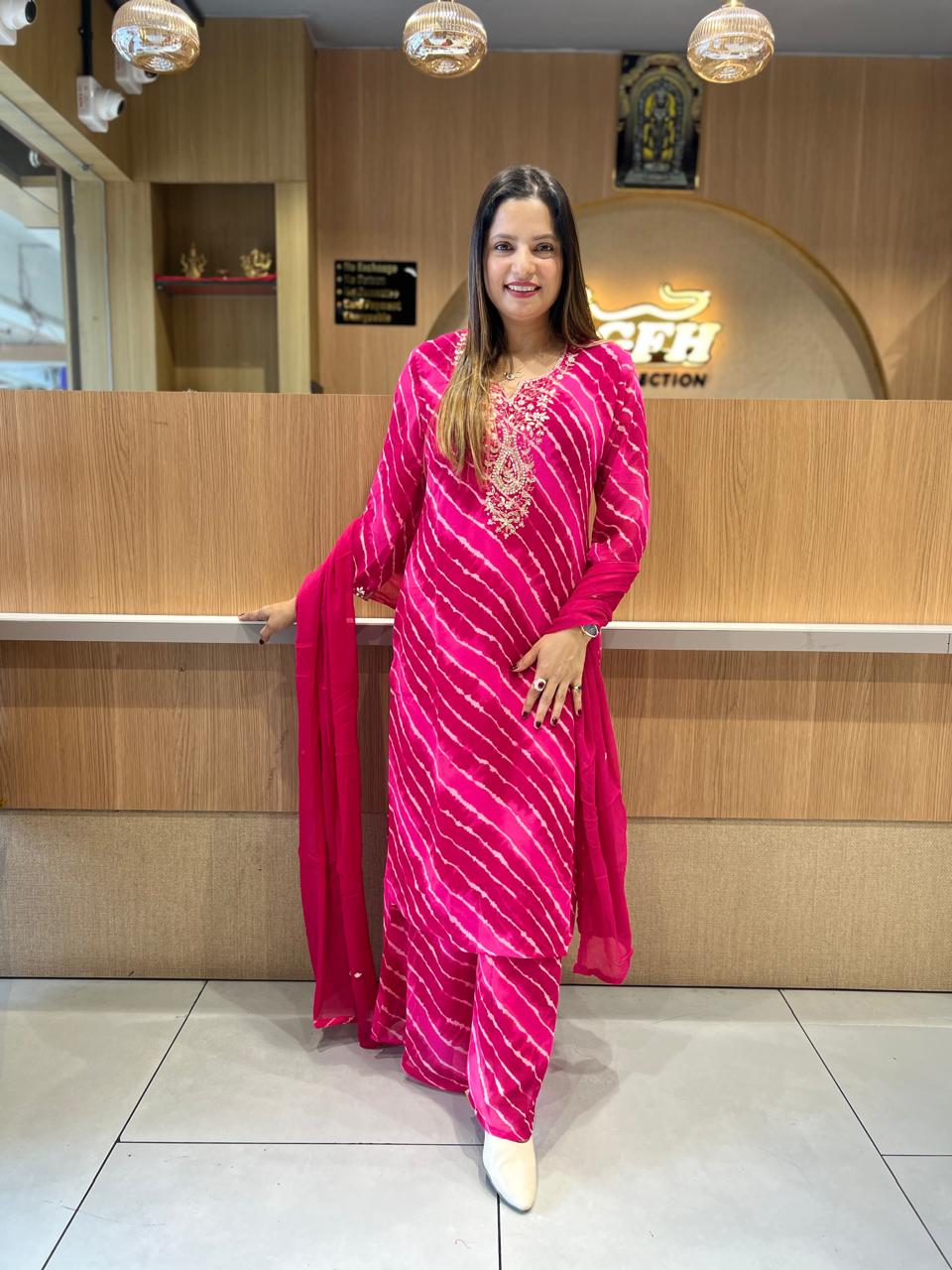 Pure Georgette Lehariya 3 Pc set (Pink Color)
