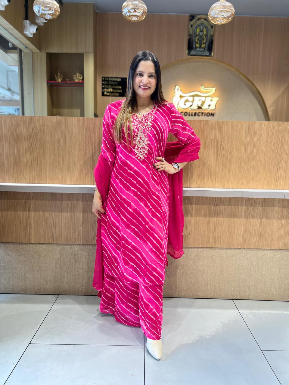 Pure Georgette Lehariya 3 Pc set (Pink Color)