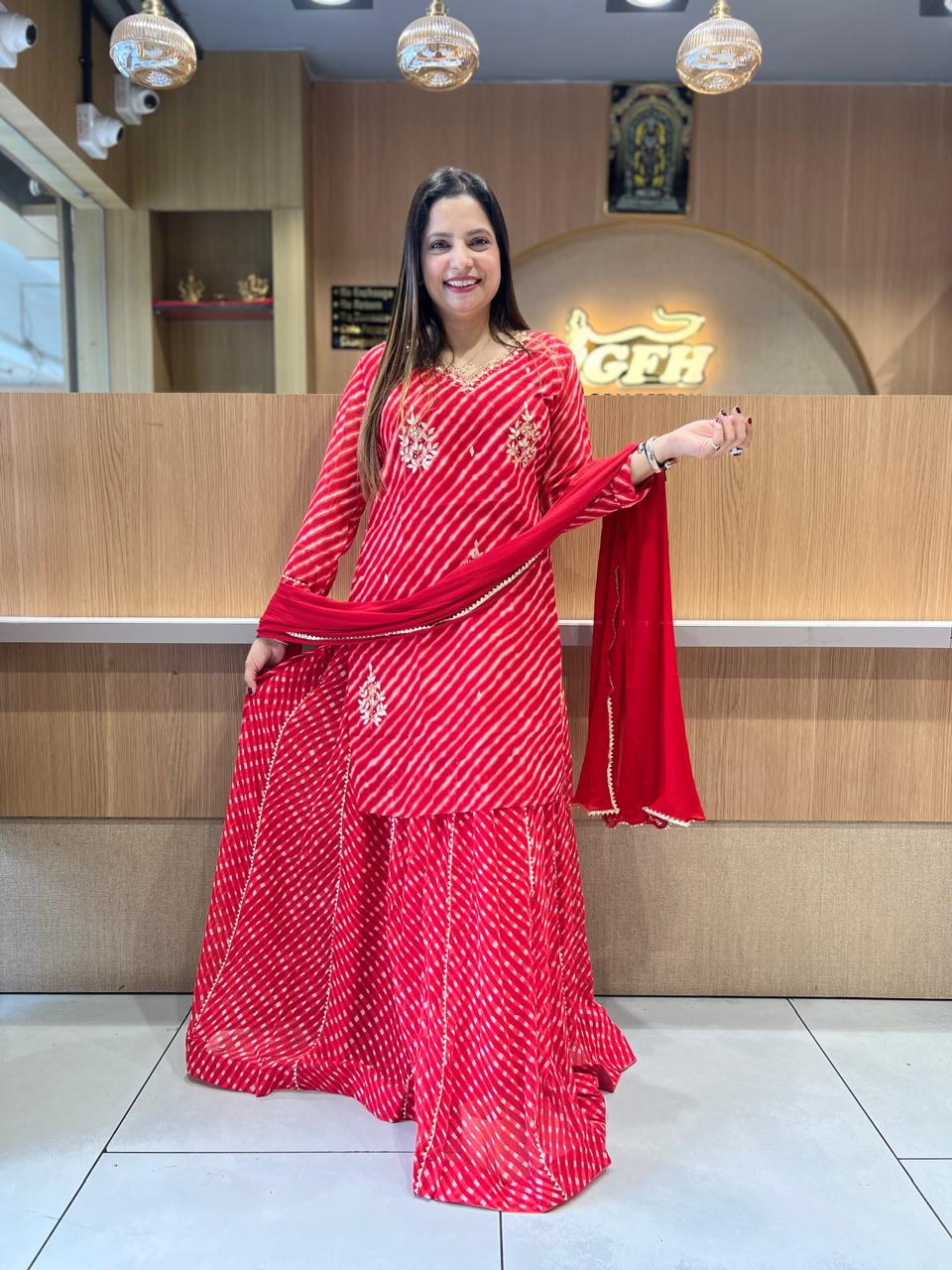 Pure Georgette Lehariya 3 Pc set (Red Color)