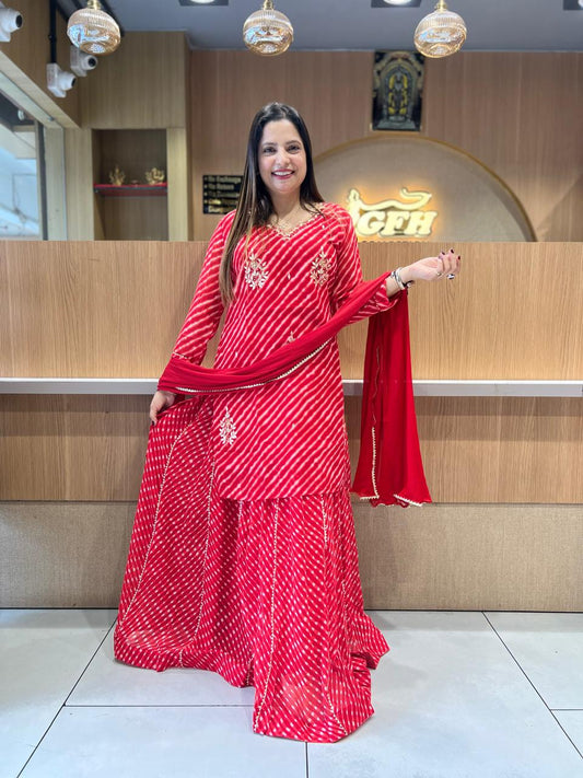 Pure Georgette Lehariya 3 Pc set (Red Color)