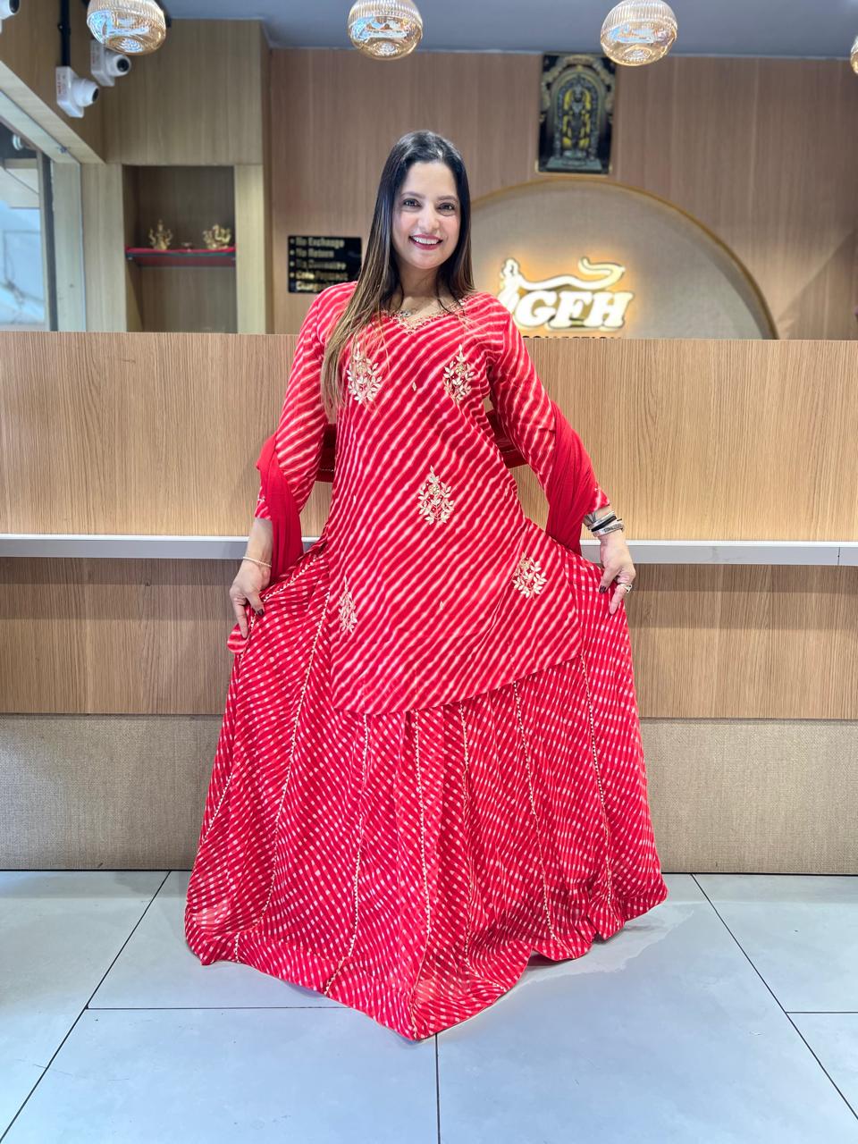 Pure Georgette Lehariya 3 Pc set (Red Color)
