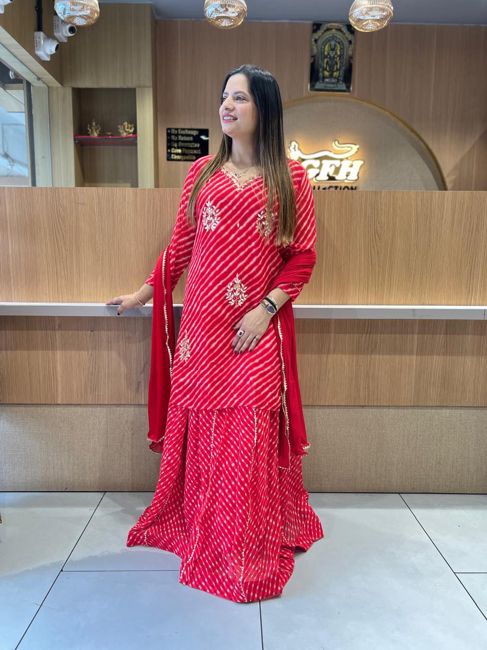 Pure Georgette Lehariya 3 Pc set (Red Color)