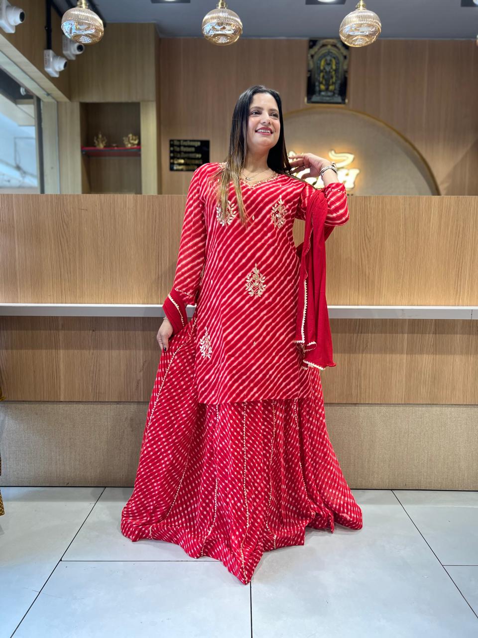 Pure Georgette Lehariya 3 Pc set (Red Color)