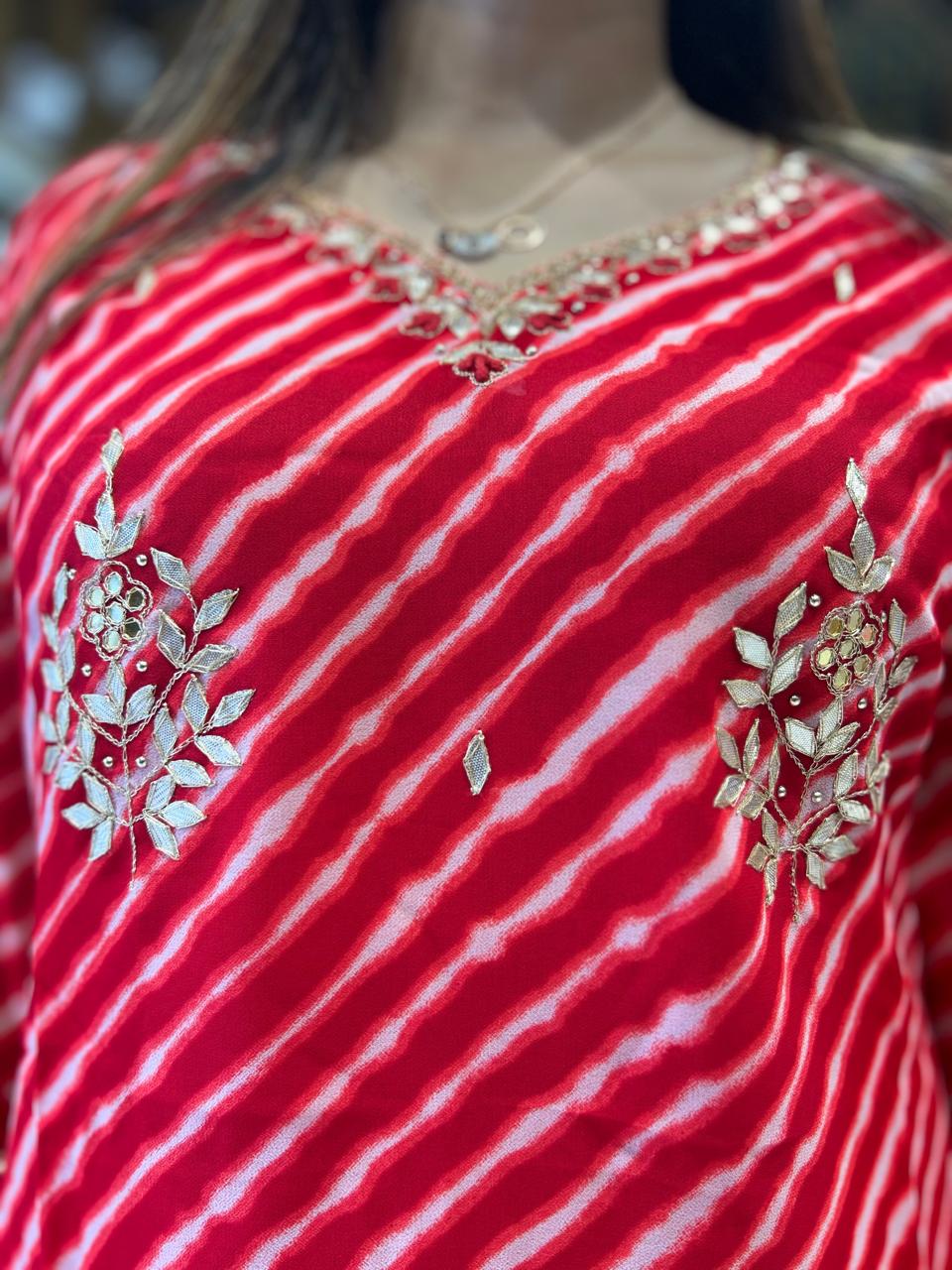 Pure Georgette Lehariya 3 Pc set (Red Color)