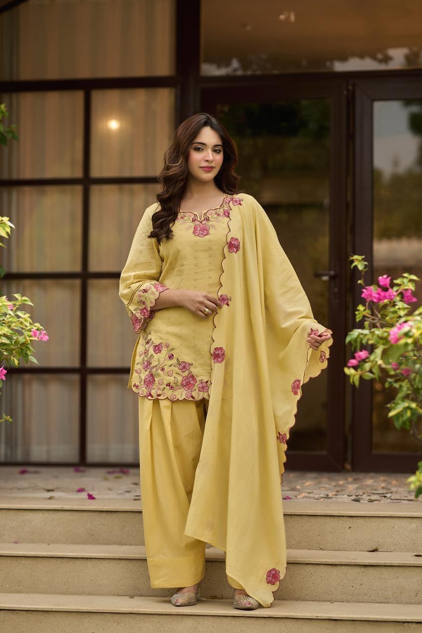 Pure Mull Cotton Farsi Salwar Yellow 3pc Set