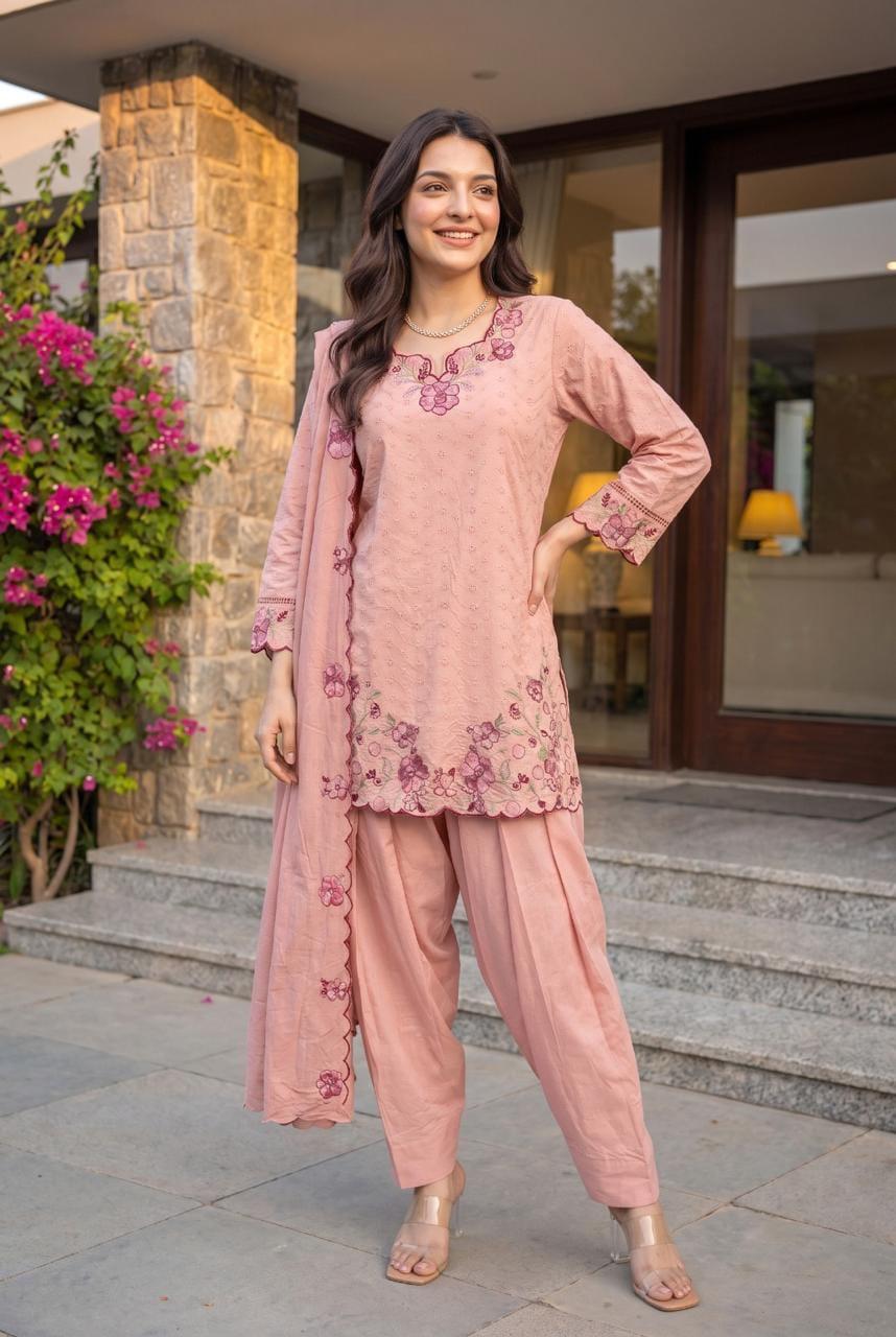 Pure Mull Cotton Farsi Salwar Blush Pink 3pc Set