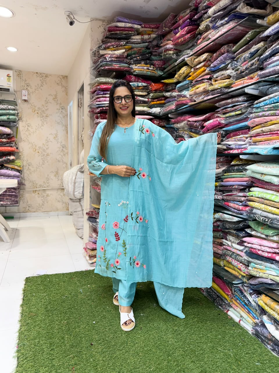 Pure Banaras Mull Chanderi Sky Blue 3pc Set