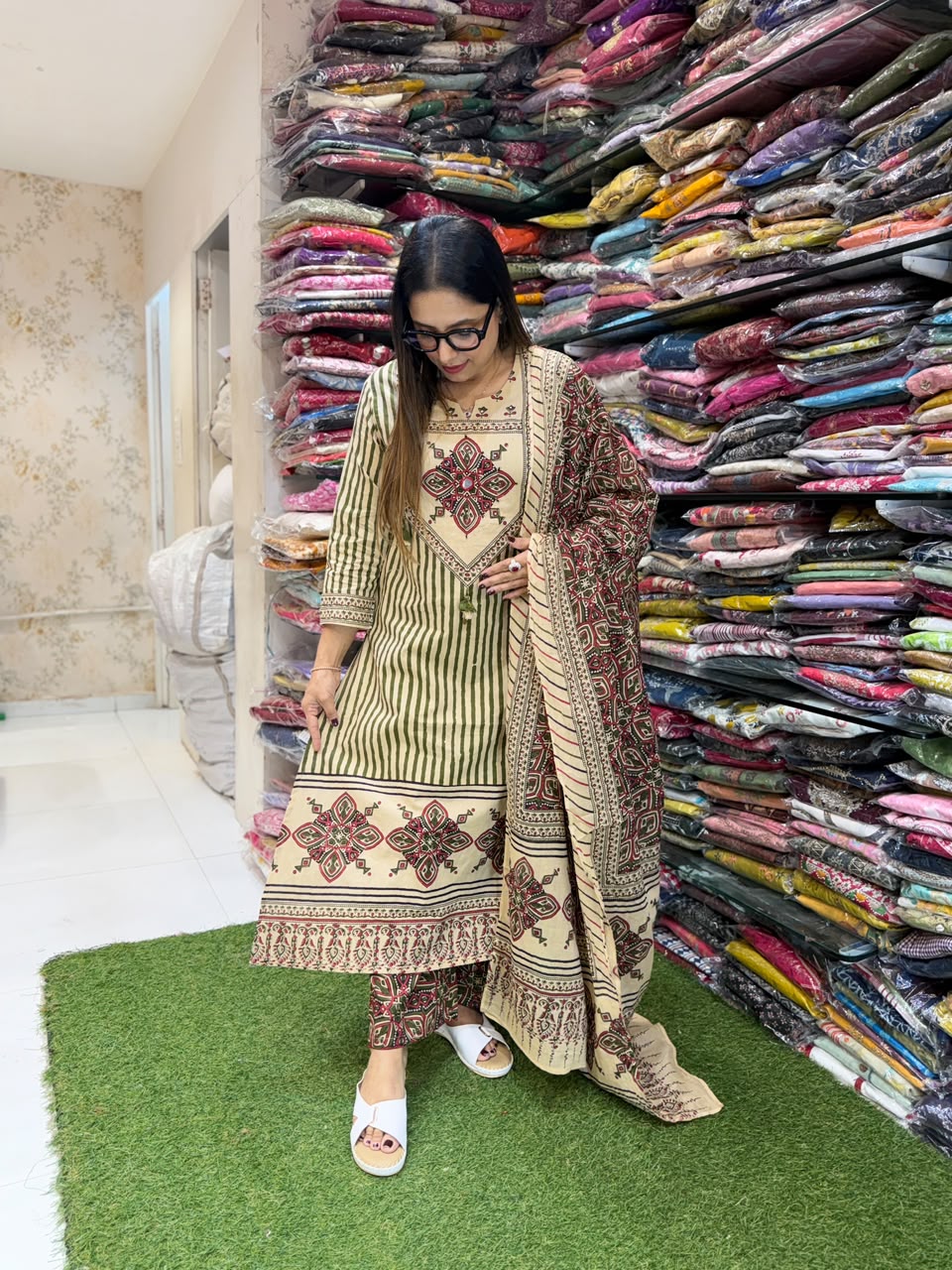 Pure Cotton Beige And Green 3pc Set
