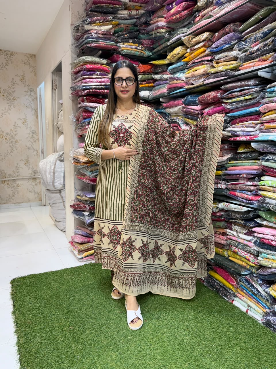 Pure Cotton Beige And Green 3pc Set